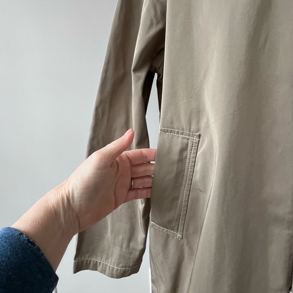 Ih Nom Uh Nit Taupe Long Raincoat with Contrast Stitching and Snap Buttons - Picture 7 of 11